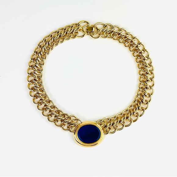 VTG 80s Monet Chunky Chain Link Blue Lapis Glass Gold Plated Collar Necklace - Picture 3 of 14
